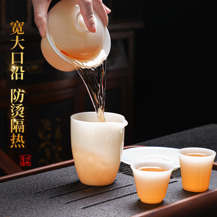 璞玉冰种三才盖碗可悬停旋转高档大号手工冰种玉瓷德化白瓷不烫手|undefined