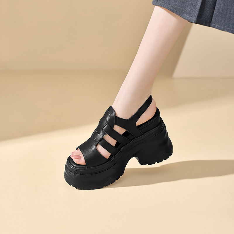Sandal cao gót nữ da thật mũi hở gót platform 12cm — màu đen, màu trắng ngà