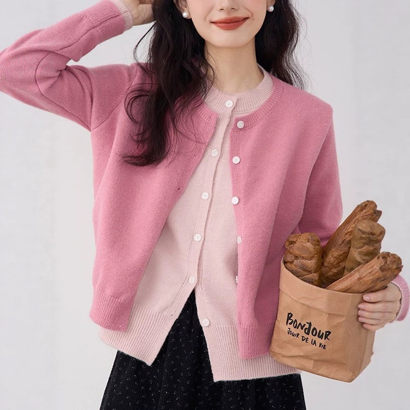 Orchid Fragrance~Korean Style Gentle Color-Contrast Fake Two-Piece Knit Women's Slimming Top for Autumn and Winter