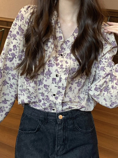 フレンチ V ネック花柄シャツ女性のための 2025 春シックなニッチ年齢軽減痩身シフォンシャツレトロ長袖|undefined