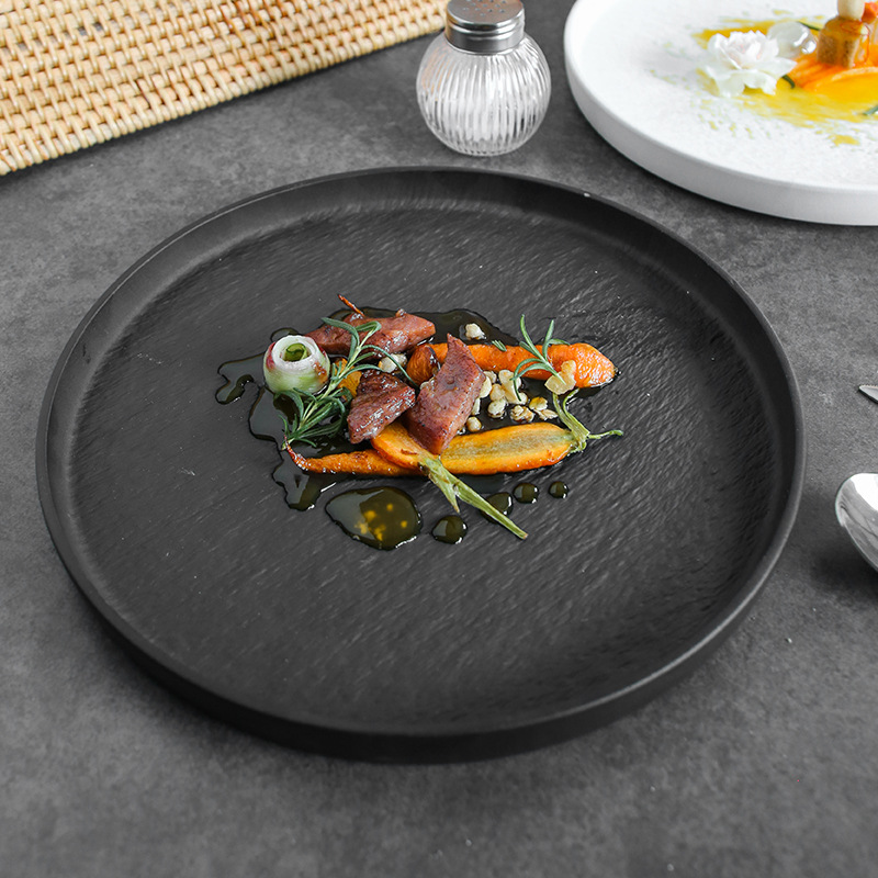 Plato de carne de pasta occidental Plato de ensalada lateral recto creativo Plato de cerámica blanco y negro esmerilado Plato de cocina casera transfronterizo