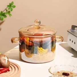 双耳琥珀色玻璃汤锅 可明火电陶炉加热 泡面煮粥用高硼硅玻璃炖锅
