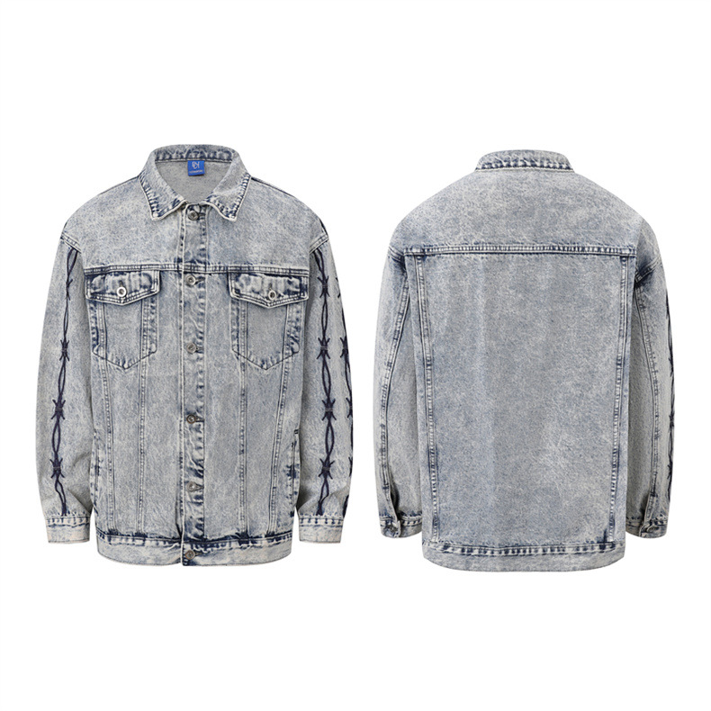 Men's Clothing Retro Style White Distressed Men's Jacquard Personalized Denim Jacket, Straight And Wide, Loose And Comfortable Outerwear, Denim Jacket_voghion.com