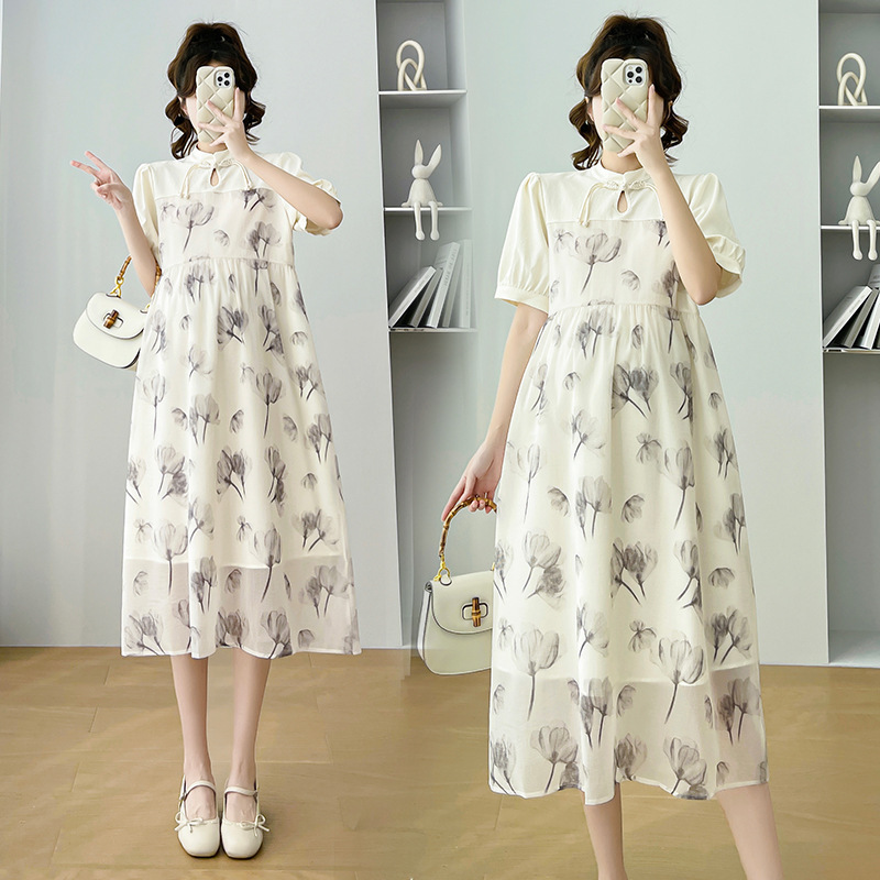 Real shot Chinese style improved cheongsam for pregnant women summer dress sweet summer