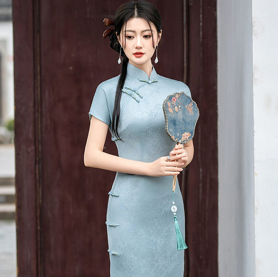 Spring and summer small fresh daily art floral fashion slim modified stand collar short sleeve long young girl cheongsam
