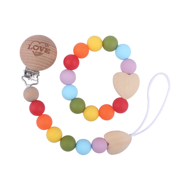 Comercio exterior nuevo bebé suministros mordedor pulsera chupete cadena traje bebé amor madera chupete cadena anti-caída