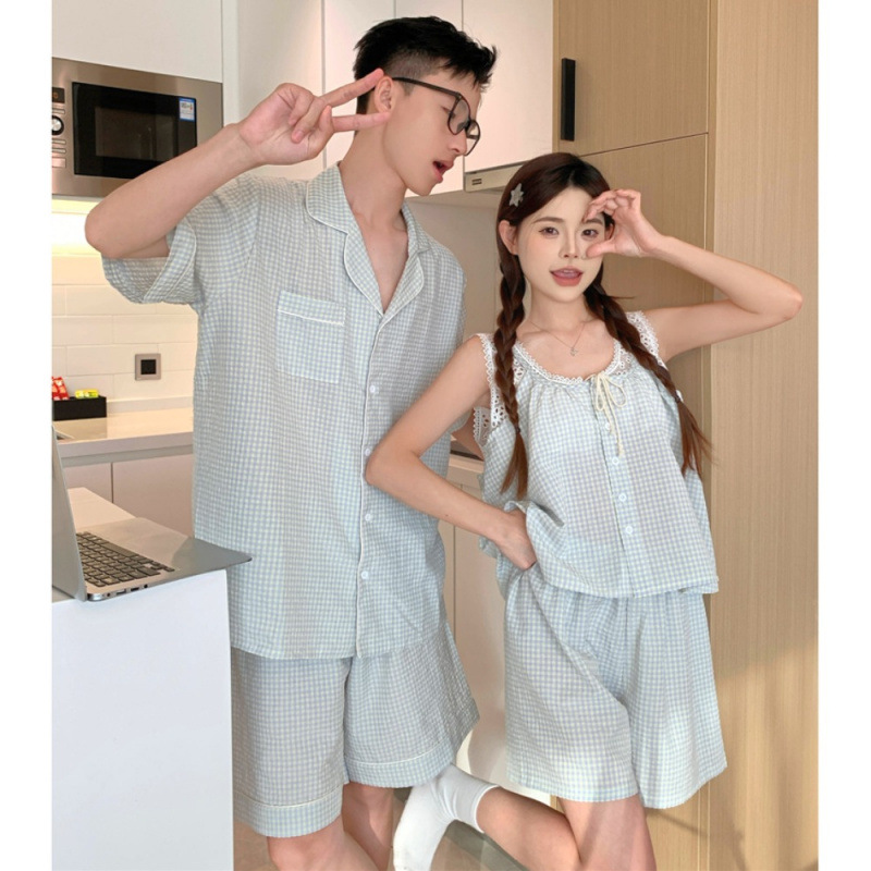 2025 격자 무늬 커플 잠옷 ins 레이스 달콤한 순수한 욕망 레이스 조끼 반바지 홈웨어 새로운 스타일 외부 착용 가능