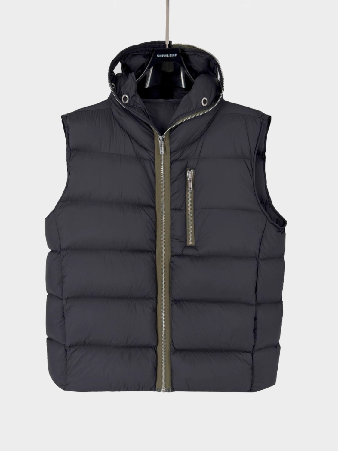 Chaleco de plumón de ganso cálido con capucha y cremallera con diseño de tiburón, sin mangas, moderno