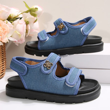 夏季大码外贸牛仔布魔术贴厚底凉鞋2025新款跨境欧美罗马凉鞋女