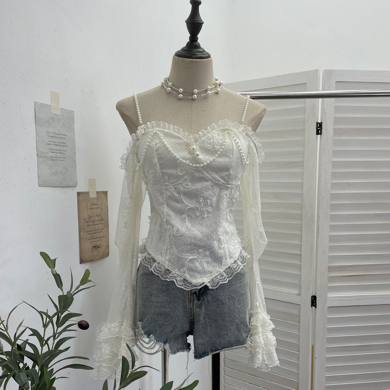 Real Shot of French-Style Vintage Pearl-Strap Lace-Trimmed Top with Chest Pads, Off-Shoulder Long-Sleeve Short Blouse 8858 Real Shot of French-Style Vintage Pearl-Strap Lace-Trimmed Top with Chest Pads, Off-Shoulder Long-Sleeve Short Blouse 8858