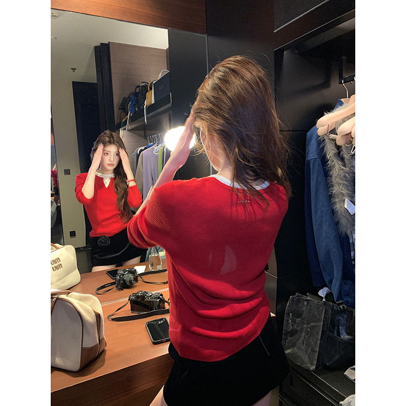 Earth Store Christmas Red Design Niche Fake Two-Piece Knitted Sweater Women's Autumn and Winter Wool Base Shirt Top