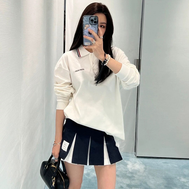 MIU系25SS新款纯色字母刺绣简约撞色翻领长袖宽松poloT恤上衣男女|undefined