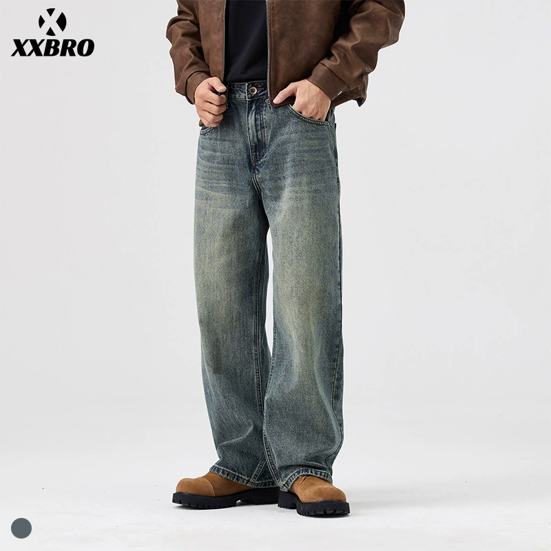 Xxbro мужская одежда #2024 осенние новые стирание старые джинсы мужские ретро свободная швабра широкие прямые брюки