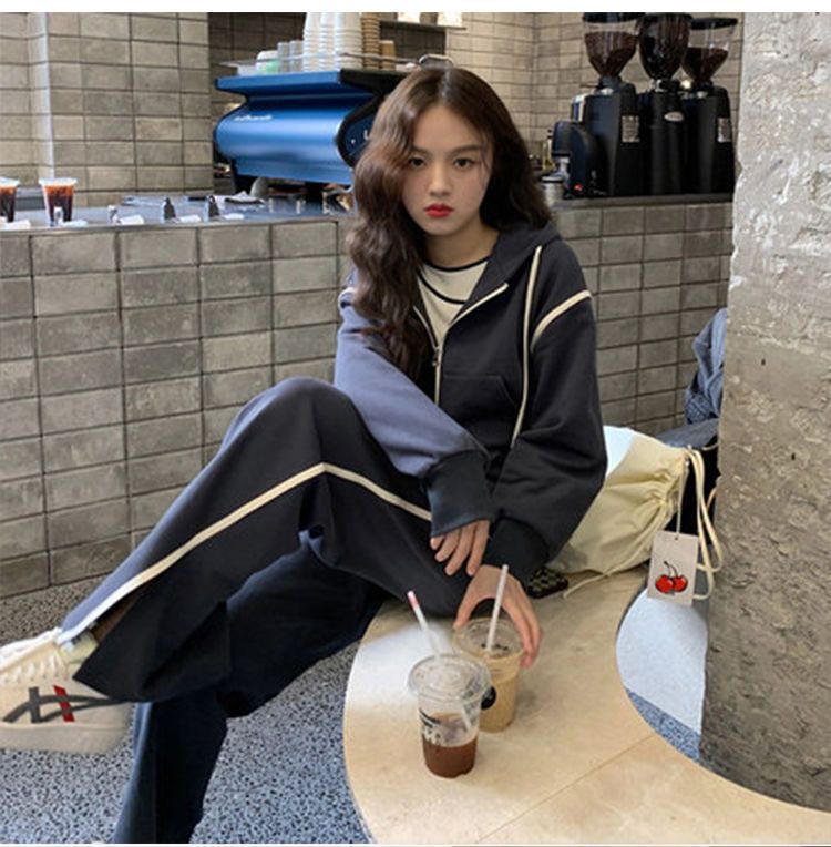 ActiveGo Sports Casual Suit Women Autumn Winter 2024 New Fashion Hong Kong Style Retro Wide Leg Pants Sweatshirt Two Piece Set_desvips.com