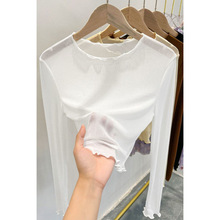 黑色网纱打底衫女夏配吊带裙子内搭T恤长袖白色蕾丝上衣秋薄纱衣