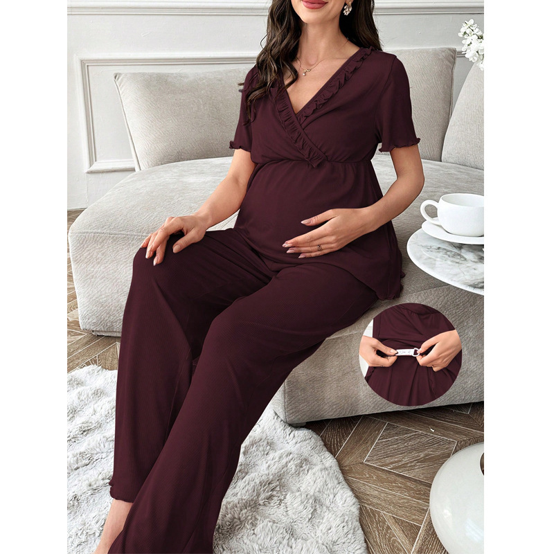 European and American Style V-Neck Lace Pajamas Women's Set, New Spring and Summer Model, High-End Feel, Adjustable Elastic, Maternity Wear, Loungewear, Trendy