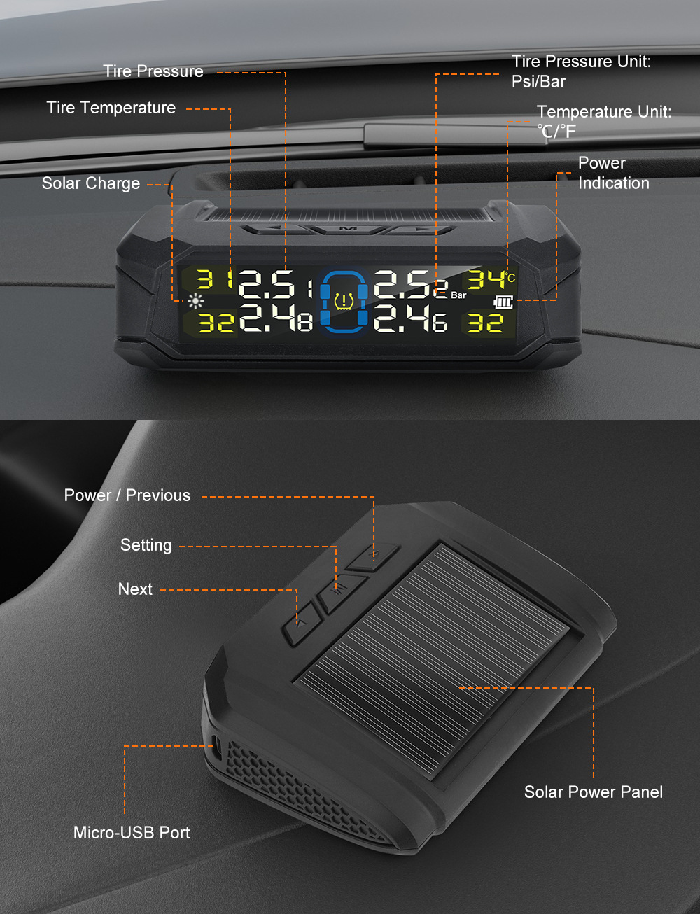 Tire Pressure Monitor Solar-Powered 4-Wheel Color Screen Digital Display Detector Wireless High-Precision Intelligent Tpms Air Pressure Detection