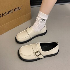 英伦风平底白色小皮鞋女2025春秋新款一脚蹬通勤白色乐福鞋单鞋子