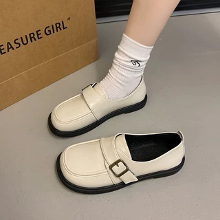 英伦风平底白色小皮鞋女2025春秋新款一脚蹬通勤白色乐福鞋单鞋子