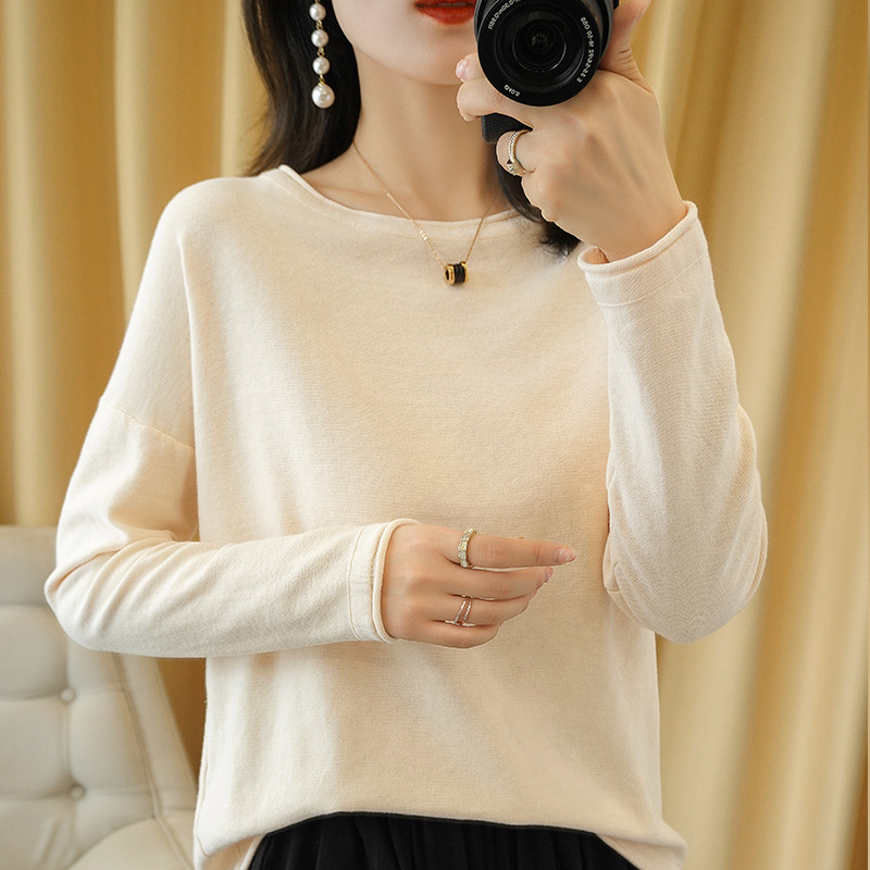 Spring and Autumn Cotton Knitwear Women's Round Neck Roll-up Loose Large Size Base Sweater Cotton Shoulder Top Pilling