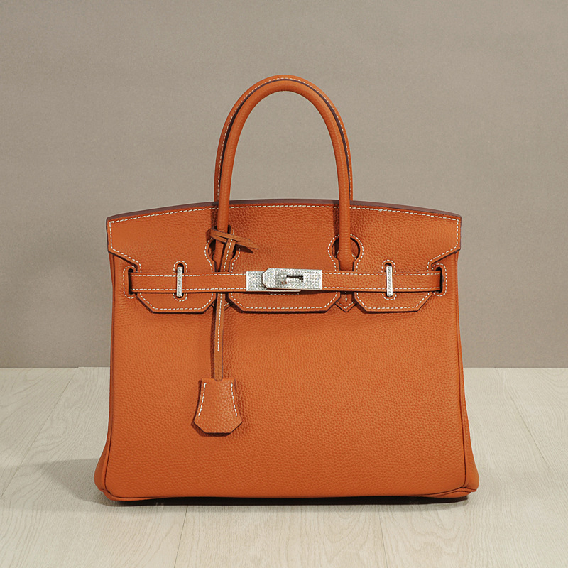 Diamond Platinum Bag New Trendy Layer Cowhide Litchi Pattern Genuine Leather Women's Bag Handbag Shoulder Crossbody Kelly Large Bag