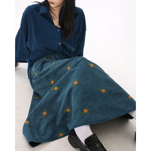 Vintage Brown Corduroy Skirt A Midi Skirt Early Autumn Embroidered Floral Forest System Knee-Length Skirt