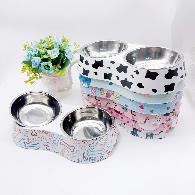 Мультяшная меламиновая двойная миска из нержавеющей стали миска для кошек миска для собак миска для корма для собак Антидетонационная легкая чистка универсальные товары для домашних животных для кошек и собак