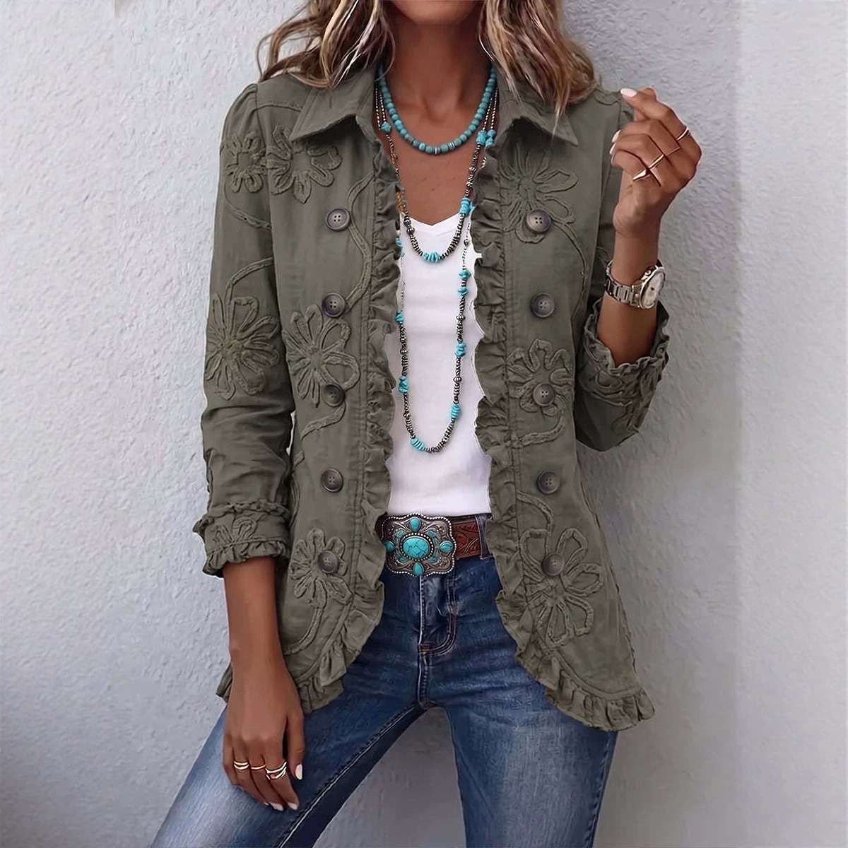 European and American Bohemian Embroidered Jacket for Women, Autumn Lapel Ruffled Floral Print Cardigan, Vintage Casual Long Sleeve