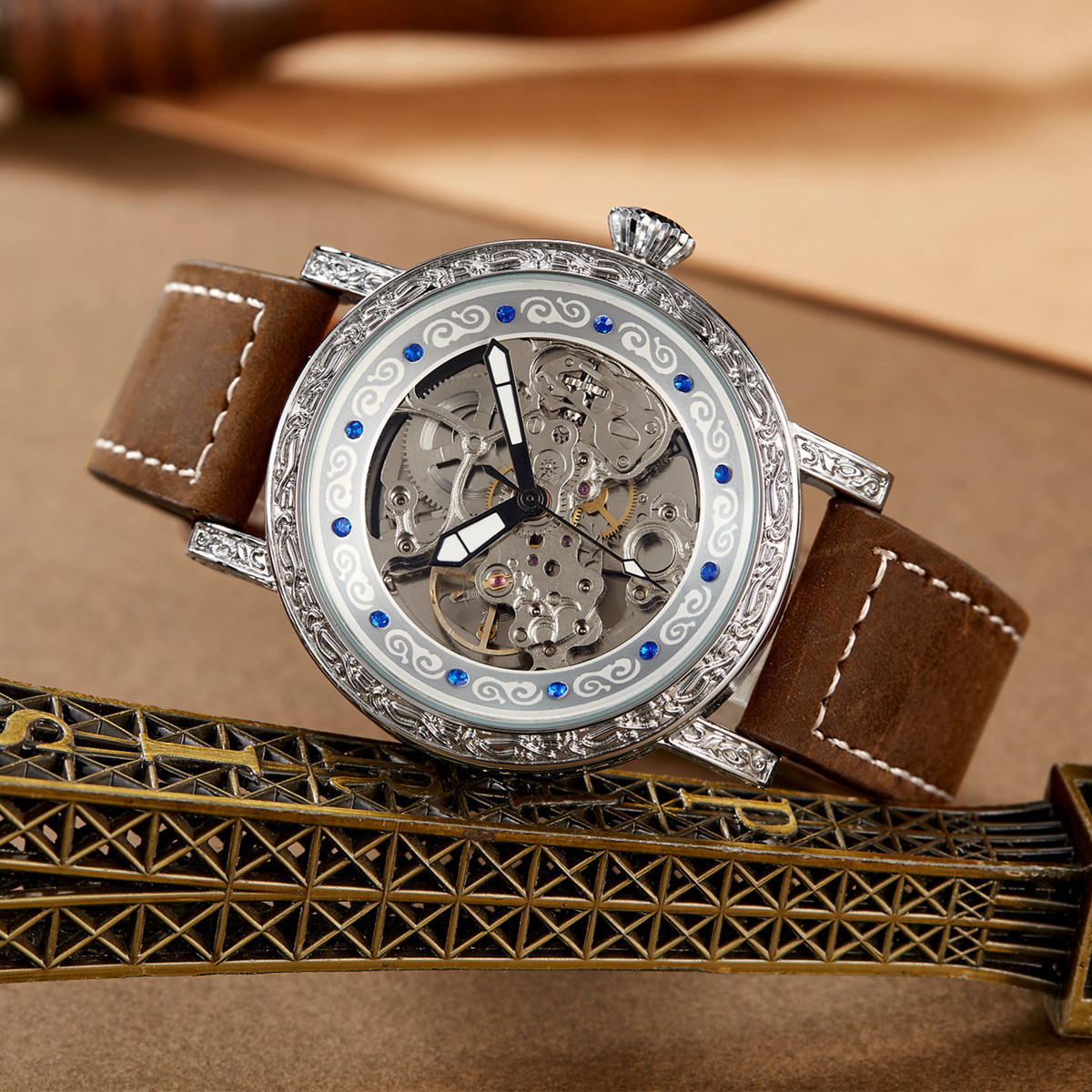 Men's Automatic Mechanical Watch With Leather Strap And Steel Case_voghion.com