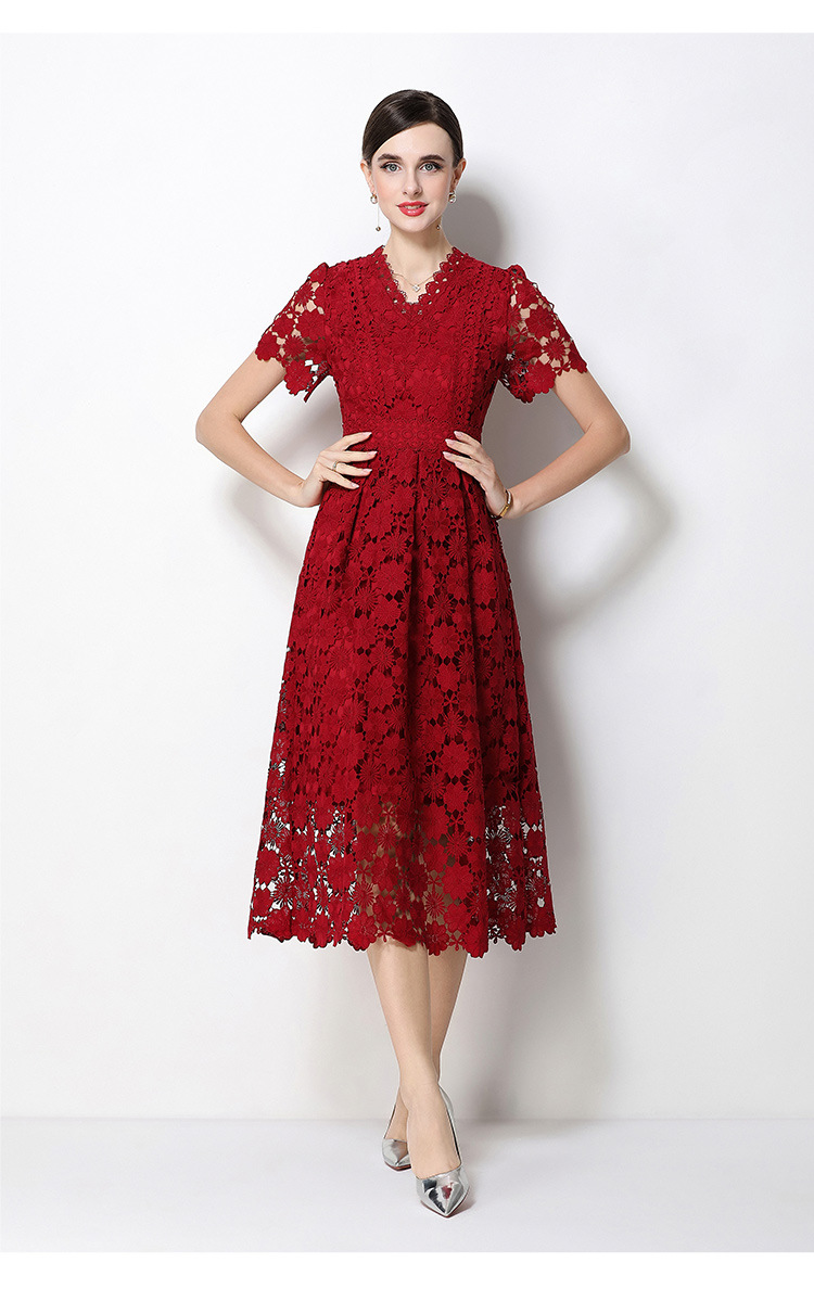Đầm maxi nữ cổ V ren thắt eo tay ngắn họa tiết rỗng — màu đen, Rượu vang đỏ, màu hồng đậm, màu trắng chi tiết 48