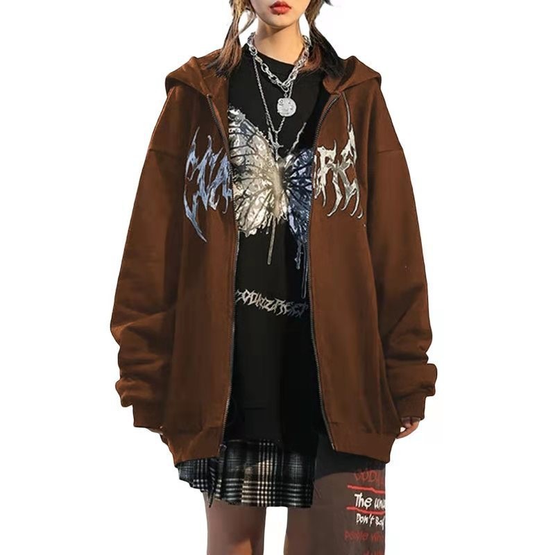 Damen Fleece Kapuzenpullover Mit Reißverschluss Und Schmetterling_voghion.com