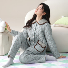 睡衣女士三层夹棉保暖羽绒加棉加绒开衫家居服套装加厚冬季可外穿