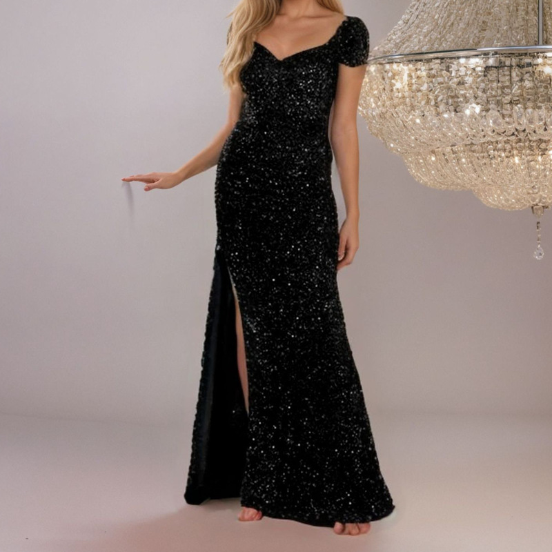 Women Sexy Sequin Long Dress Homecoming V Neck Bodycon Party Dress Sparkly Going Out Club Dress