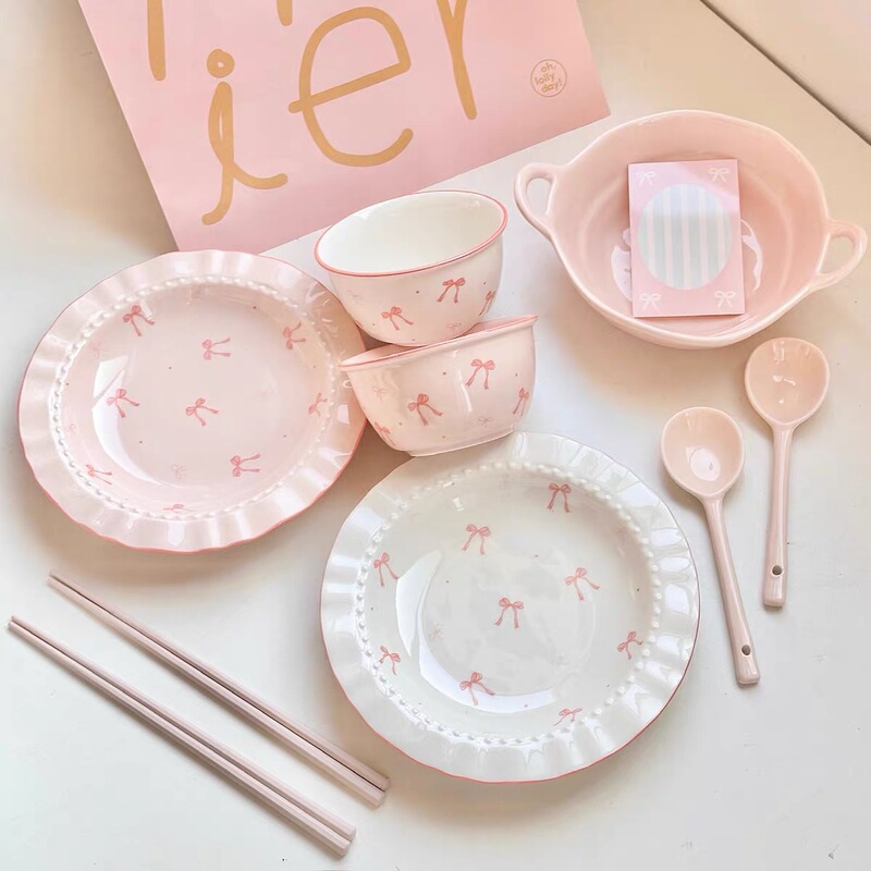 Pink Girl's Heart Bow Ceramic Tableware suit Rice Bowl Household Needy Bowl Plate with Beautiful Underglaze Color