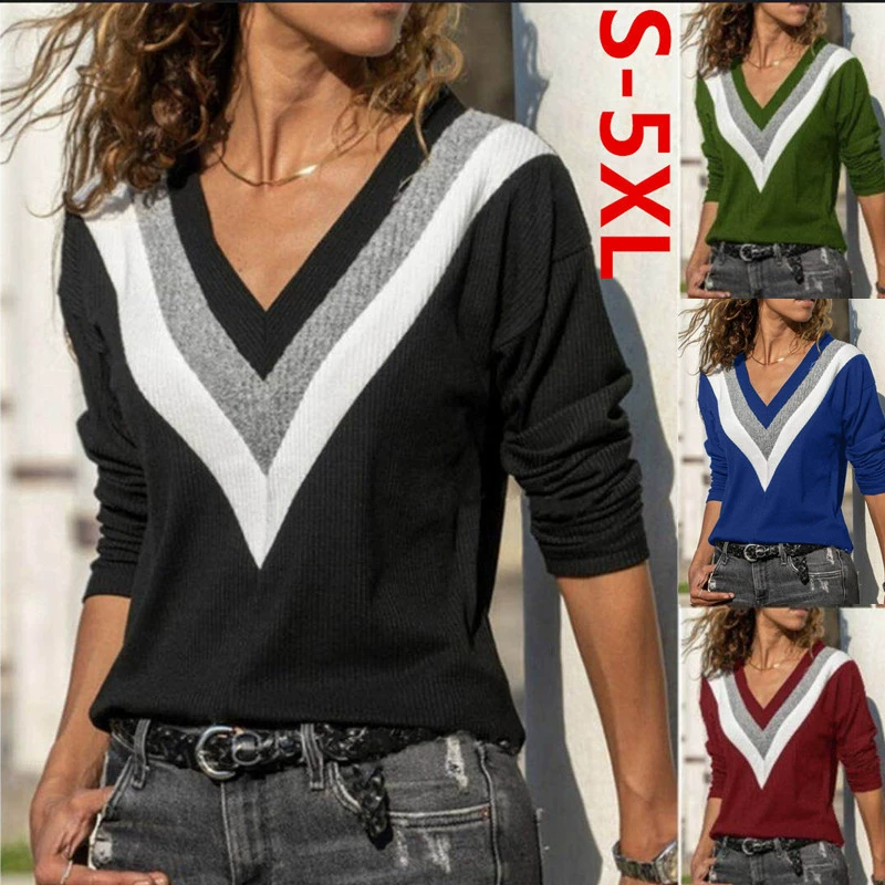 Контрастный свитер с v-образным вырезом и длинными рукавами. Футболка оверсайз. Свободная футболка.