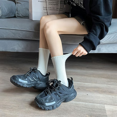 Black Mid-Calf Socks for Women, Solid Color, High-Waisted, Slimming Design—Instagram-Favorite, Perfect for Autumn/Winter, Korean Style, Streetwear, and Outdoor Sports Activities