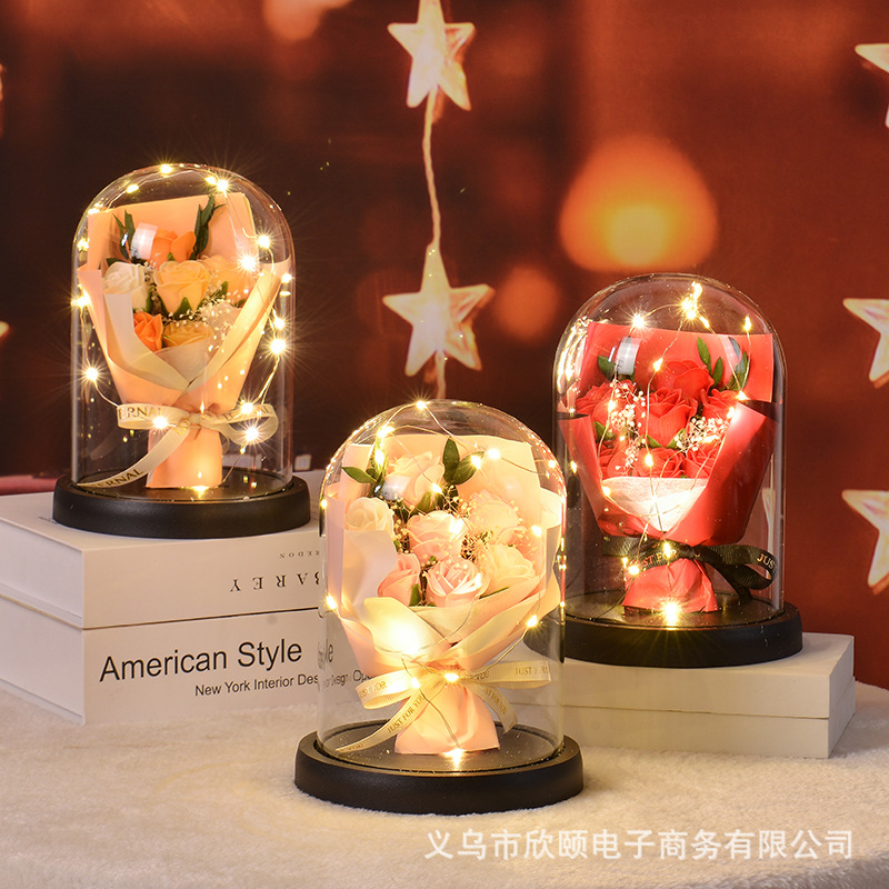 情人節禮物 ins韓版玫瑰花束玻璃罩帶燈高級感永生玫瑰香皂花擺件