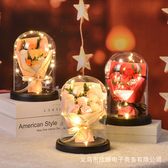 情人節禮物 ins韓版玫瑰花束玻璃罩帶燈高級感永生玫瑰香皂花擺件