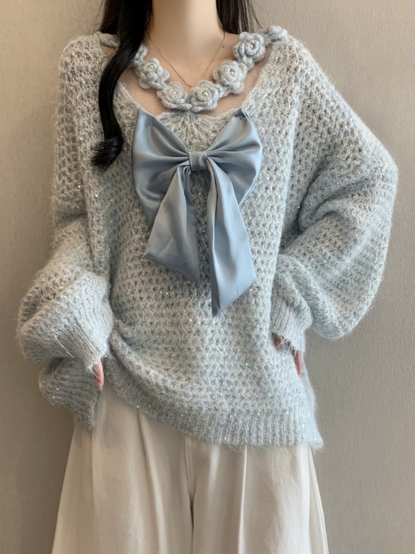 立体花朵镂空V领针织衫毛衣女春秋大码宽松设计感法式蝴蝶结上衣|undefined