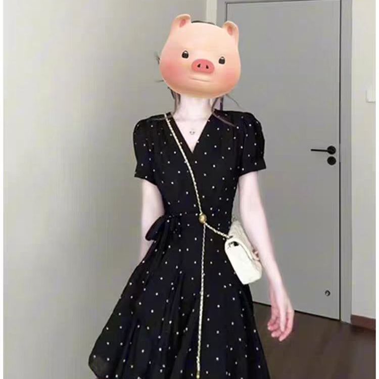 Black Polka-Dot Tie-Neck Dress for Women, New Summer Style, Slim Waist and Slimming Short Skirt