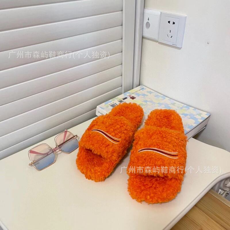 高バージョンパリファーリングスリッパ女性のアウターレター刺繍厚底ラムウール秋冬フラットスリッパ|undefined