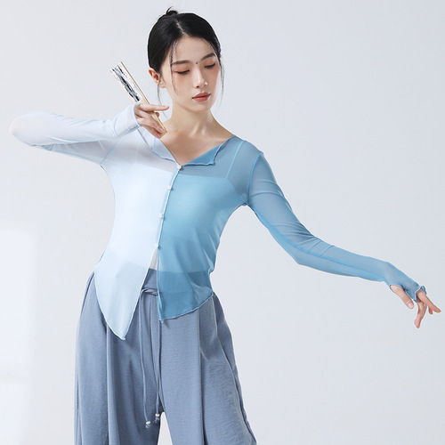 Modern dance dance practice clothes, rhyme and shape, long-sleeved tops, color matching classical dance gauze clothes, elegant performance costumes for women