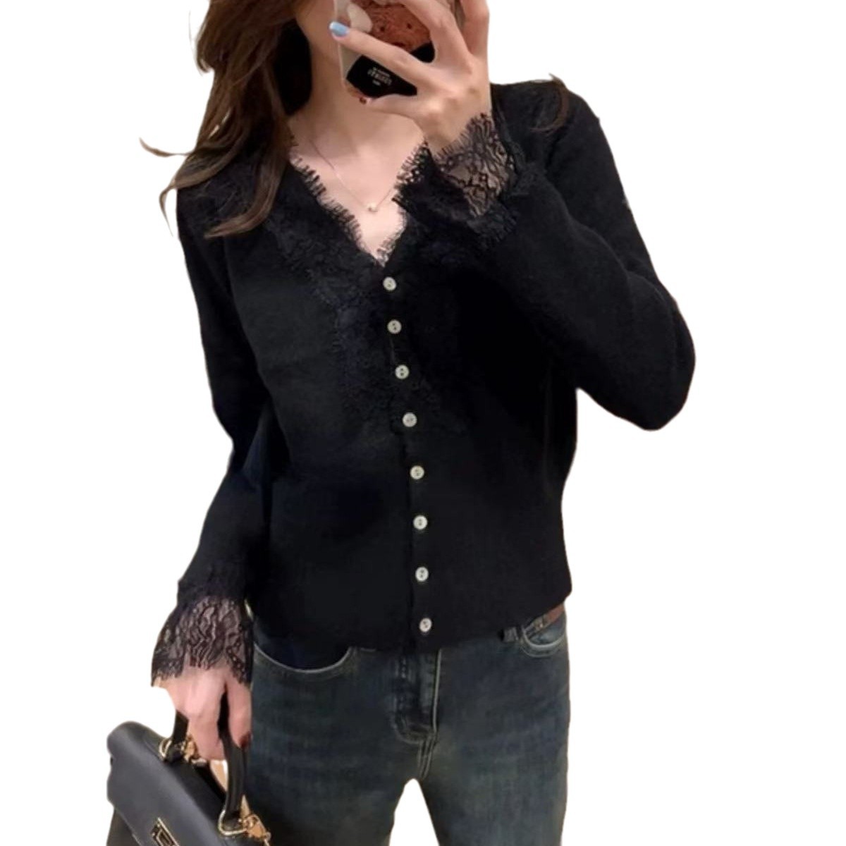 한국 스타일 레이스 스티칭 디자인 센스 V 넥 스웨터 여성의 패셔너블 내부 슬림핏 슬리밍 긴 소매베이스 니트 카디건