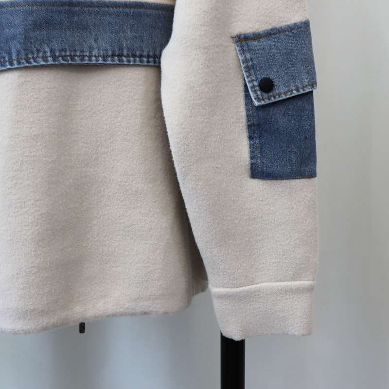Women's Clothing new zipper denim splicing knitted double sided wool cardigan loose casual temperament sweater jacket_voghion.com