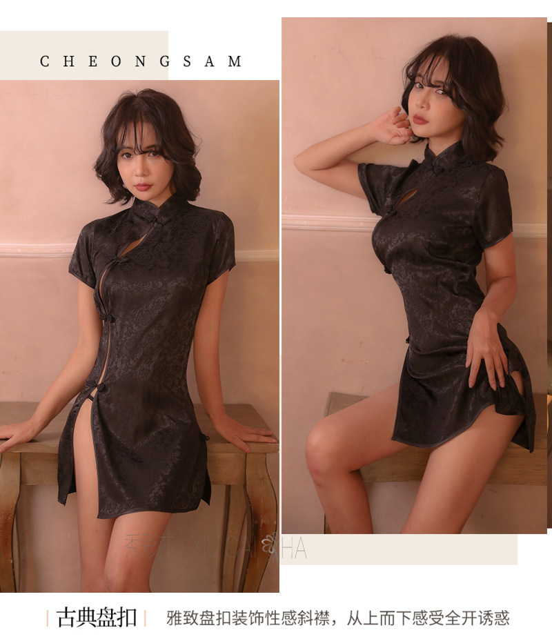 Retro Cheongsam Roleplay Lingerie Set, Satin Split Uniform, Black One Size — detail image 25