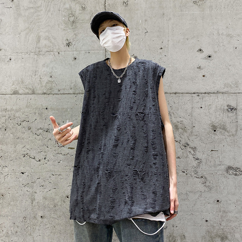 Men's Summer Design-Forward Streetwear American Retro Backless Tee for Youth Loose Tear Drop-Shoulder Tank Top