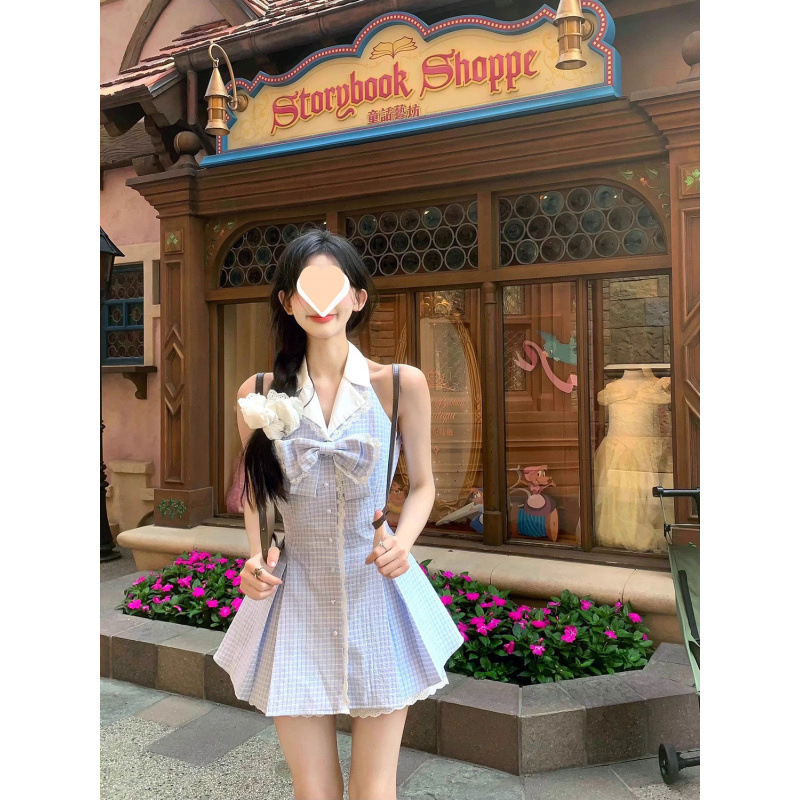 Sweet Girly Sleeveless Shirt Dress for Women 2025 Summer New Style Bow Halterneck Waist Puffy Skirt