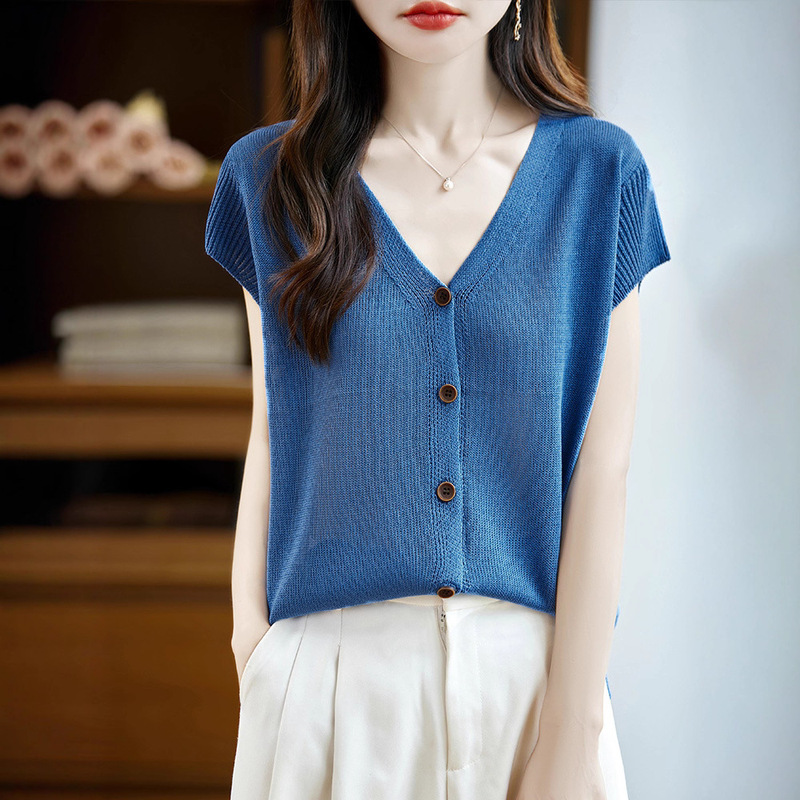 Pearl Hemp V Neck Knitted Cardigan Short-Sleeved 2025 Summer New Pure Color Loose Versatile Thin Top for Women