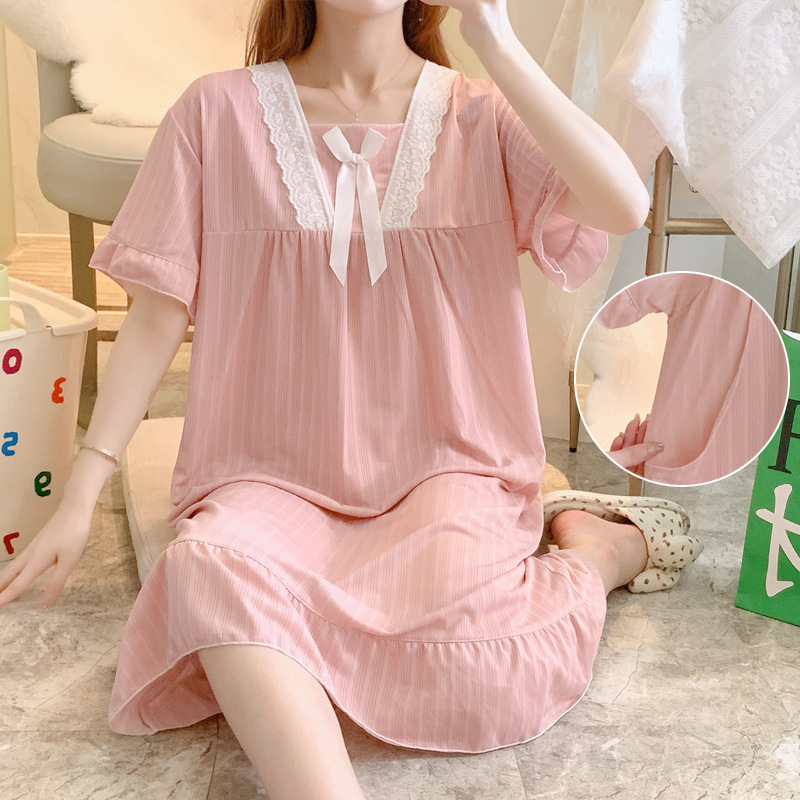 Special Wholesale Summer Thin Postpartum Clothes for Pregnant Women Large Size Short-Sleeved Nursing Pajamas for Outing Breastfeeding Skirt Home Dress