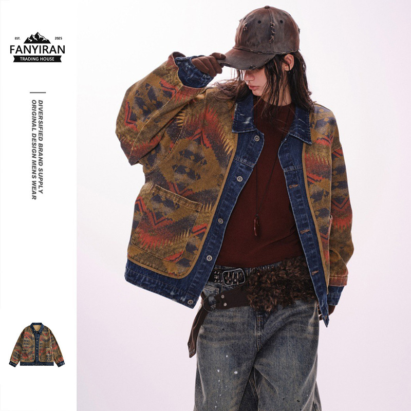 Aywter American Retro Western Ethnic Style Work Jacket for Men and Women Loose Casual Lapel Denim Jacket 0453 Aywter American Retro Western Ethnic Style Work Jacket for Men and Women Loose Casual Lapel Denim Jacket 0453